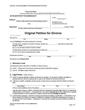 Texas Petition for Divorce for People with Adult Children or No Children  Form