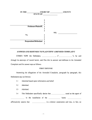 Answer and Defenses to Amended Complaint  Form