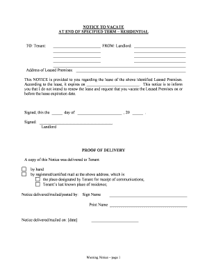 Washington Notice of Intent Not to Renew at End of Specified Term from Landlord to Tenant for Residential Property  Form