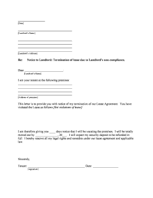 Notice to Landlord Termination of Lease Due to Landlords Non Compliance  Form
