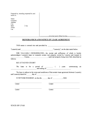 Utah Notice of Lease for Recording  Form