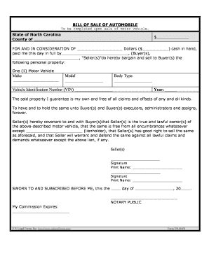 North Carolina Bill of Sale of Automobile and Odometer Statement  Form