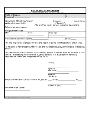 Oregon Bill of Sale of Automobile and Odometer Statement for as is Sale  Form
