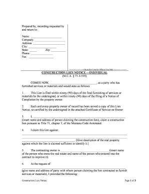 CONSTRUCTION LIEN NOTICE INDIVIDUAL  Form