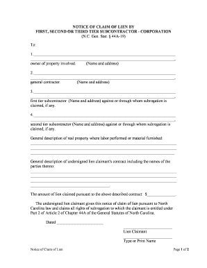 North Carolina Notice of Claim Subcontractor 1,2,or 3rd Tier Corporation or LLC  Form