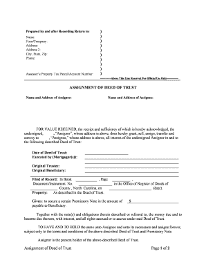 North Carolina Assignment of Deed of Trust by Individual Mortgage Holder  Form