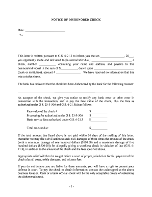 North Carolina Notice of Dishonored Check Civil 1st Notice Keywords Bad Check, Bounced Check  Form