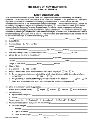 New Hampshire Juror Questionnaire  Form