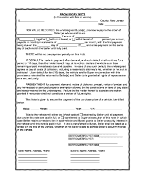 New Jersey Promissory Note in Connection with Sale of Vehicle or Automobile  Form