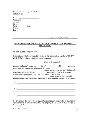 NOTICE of UNPAID BALANCE and RIGHT to FILE LIEN INDIVIDUAL RESIDENTIAL  Form