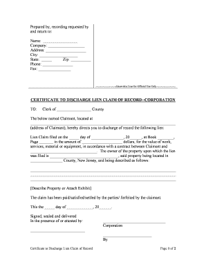 CERTIFICATE to DISCHARGE LIEN CLAIM of RECORD CORPORATION  Form