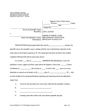 Order to Show Cause Preliminary Injunction Pursuant to NJ Courts  Form