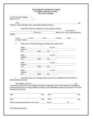 New Jersey Non Foreign Affidavit under IRC 1445  Form