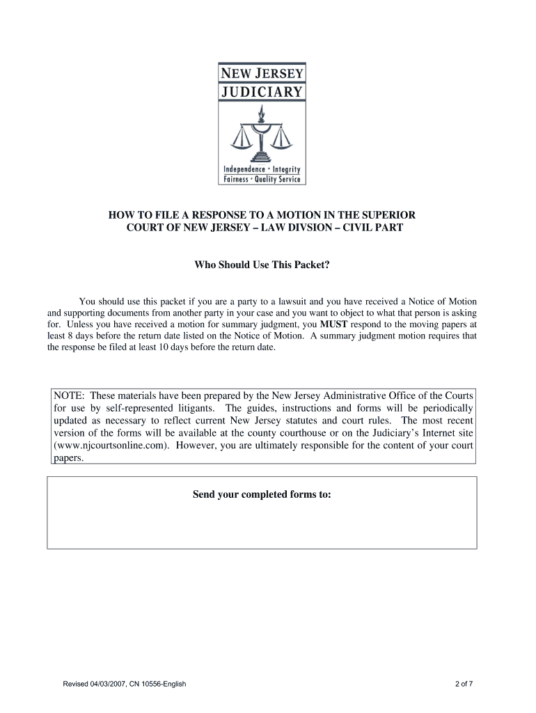 How to File a Response to a Motion in the Superior Court of New Jersey Law Division Civil Part Pro Se, Self Represented Litigant  Form