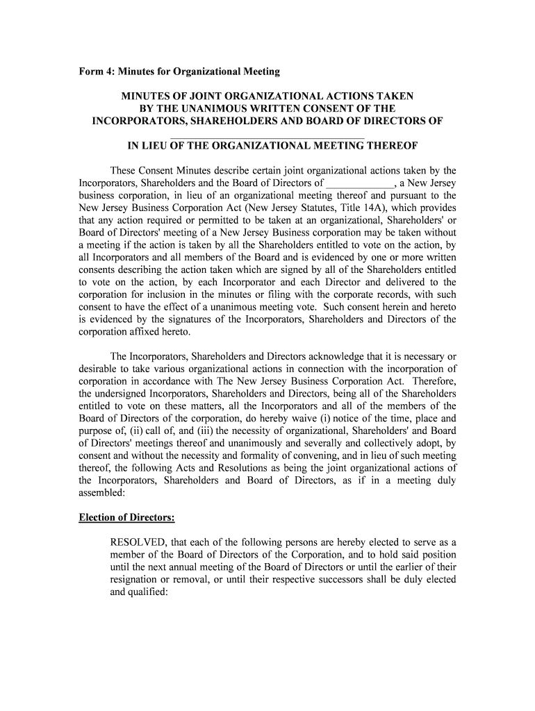 New Jersey Minutes for Organizational Meeting New Jersey  Form