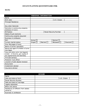 New Jersey Estate Planning Questionnaire and Worksheets  Form