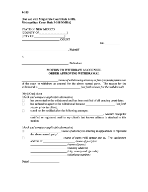 Fill and Sign the New Mexico Motion to Withdraw as Counsel and Order Approving Withdrawal Form
