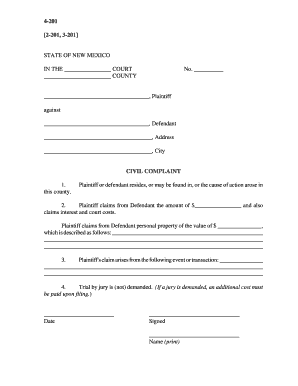 New Mexico Civil Complaint  Form