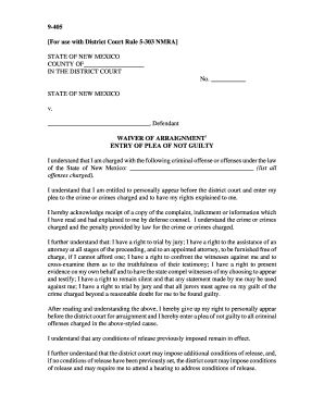 New Mexico Waiver of Arraignment Entry of Plea of Not Guilty  Form
