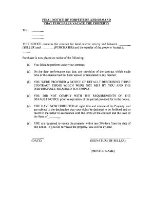 New York Final Notice of Forfeiture and Request to Vacate Property under Contract for Deed  Form