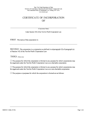 Fill and Sign the New York New York Articles of Incorporation Certificate Nonprofit Corporation Tax Exempt Form