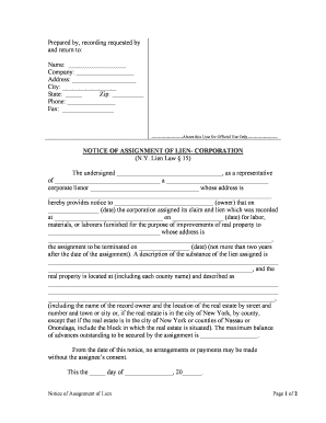 New York Notice of Assignment of Lien Corporation or LLC  Form