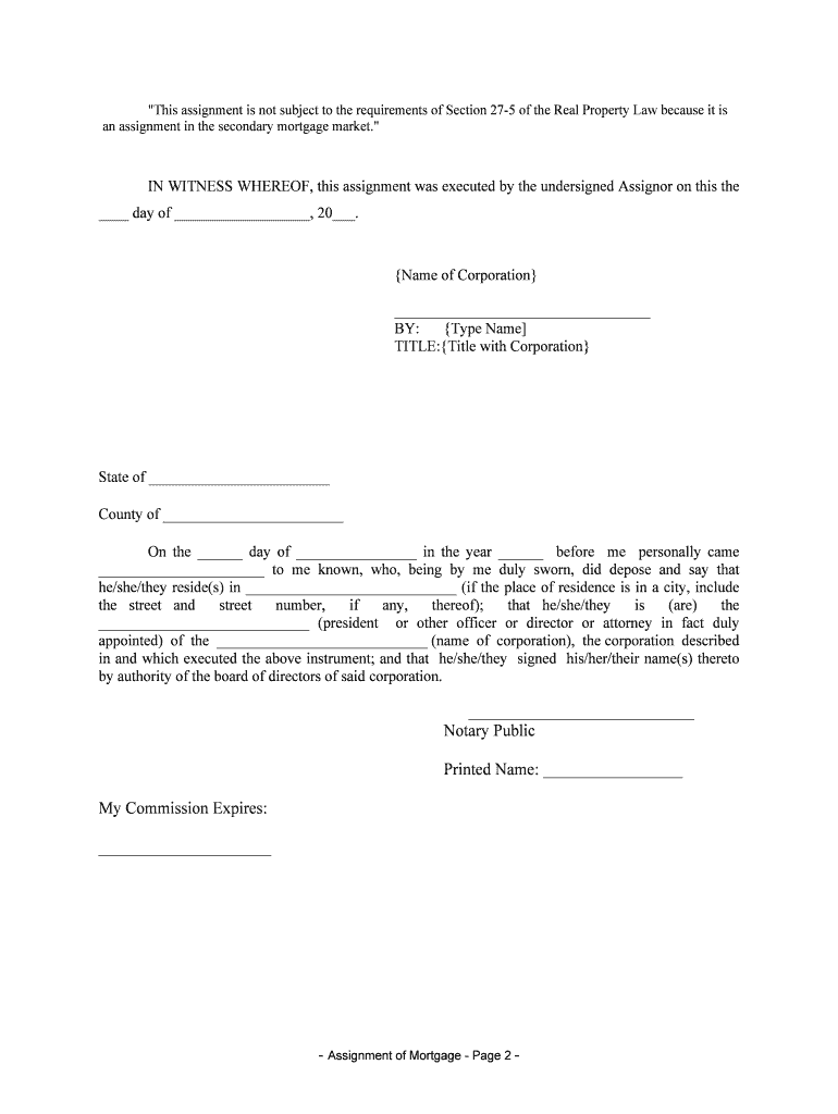 New York Assignment of Mortgage by Corporate Mortgage Holder  Form