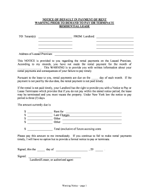 New York Notice of Default in Payment of Rent as Warning Prior to Demand to Pay or Terminate for Residential Property  Form