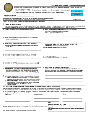 Oregon Oregon Articles of Incorporation for Domestic for Profit Corporation  Form