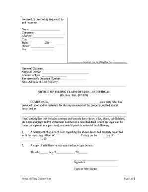 NOTICE of FILIING CLAIM of LIEN INDIVIDUAL  Form
