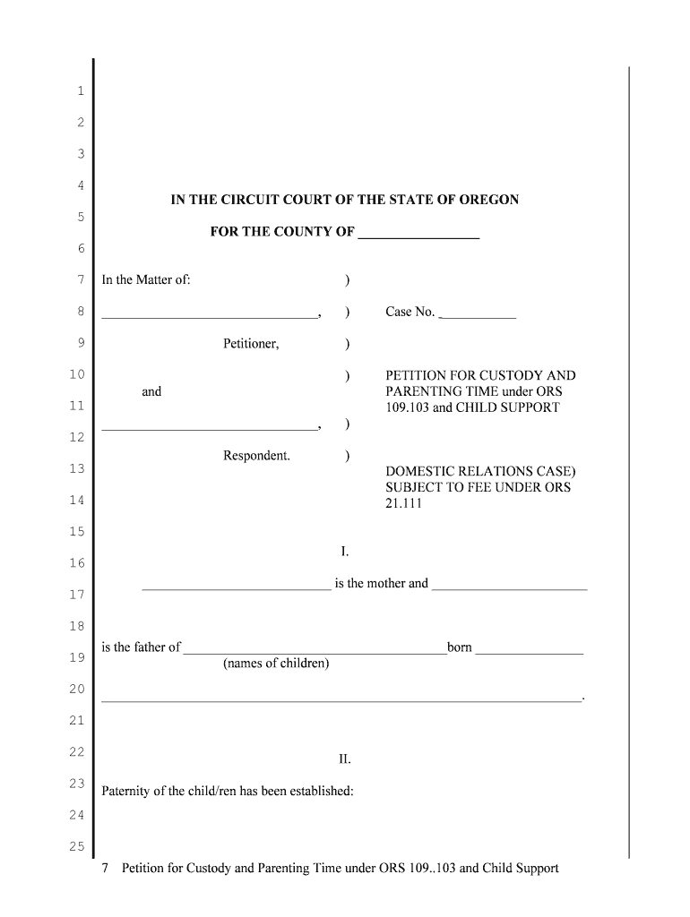 Filing a Petition for a Parenting Plan Custody and Child Support  Form