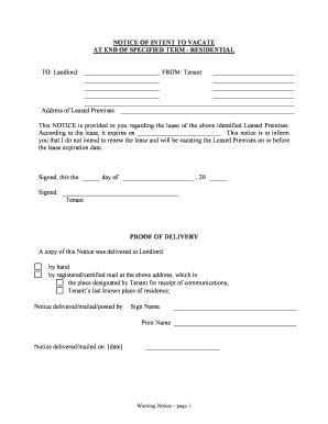 Notice Vacate Tenant  Form