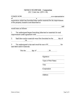 South Carolina Notice to Owner by Corporation or LLC  Form