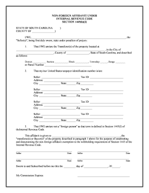 South Carolina Non Foreign Affidavit under IRC 1445  Form