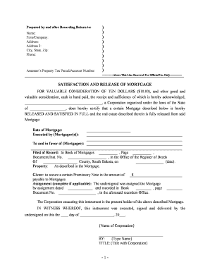 South Dakota Release of Mortgage by Lender by Corporate Lender  Form