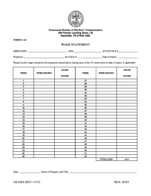 Tennessee Wage Statement for Workers' Compensation  Form