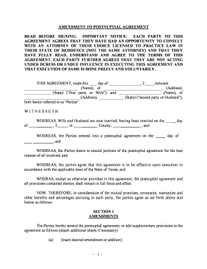 Texas Amendment to Postnuptial Property Agreement Texas  Form