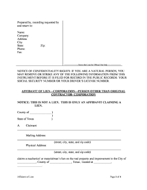 AFFIDAVIT of LIENCORPORATIONPERSON OTHER THAN ORIGINAL  Form