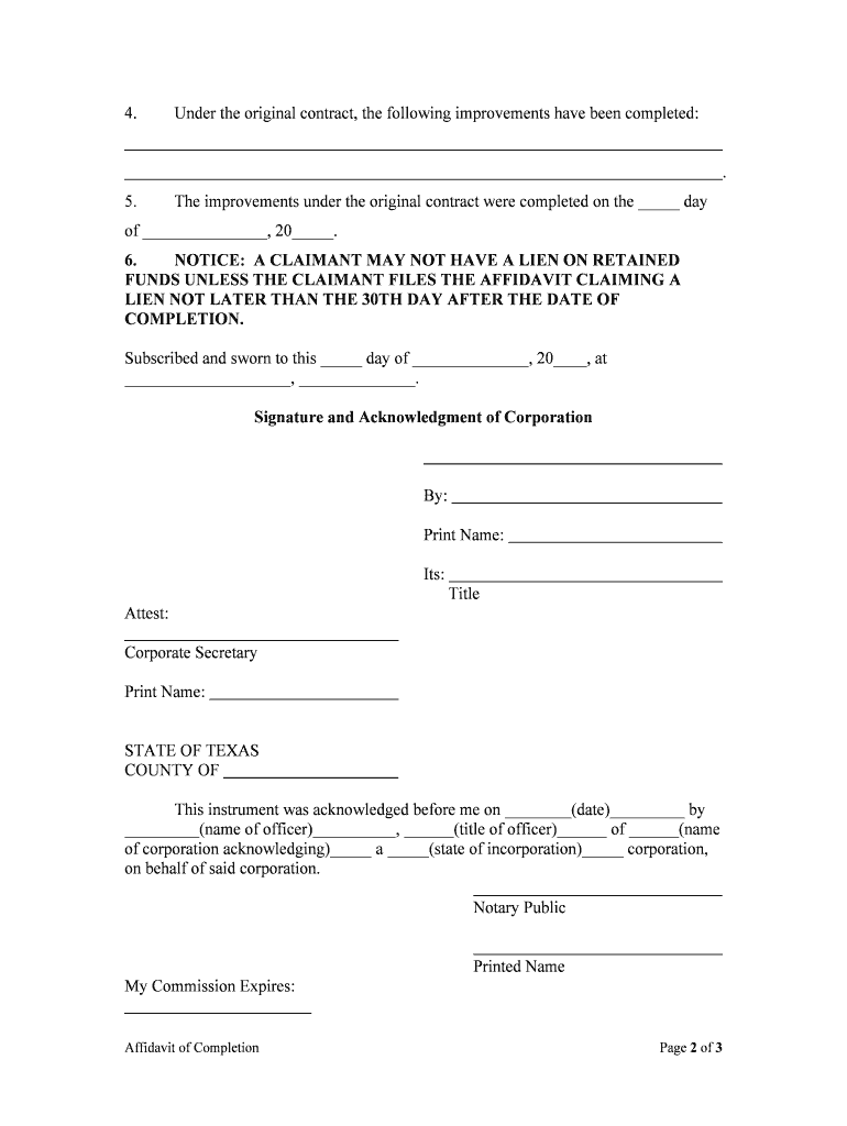 AFFIDAVIT of COMPLETION CORPORATION  Form