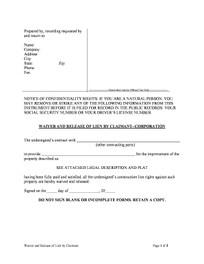 WAIVER and RELEASE of LIEN by CLAIMANT CORPORATION  Form