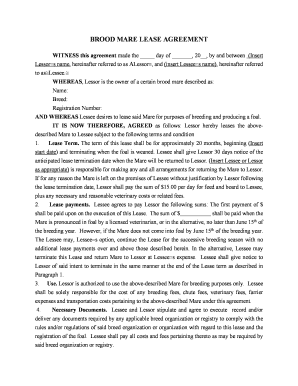 BROOD MARE LEASE AGREEMENT  Form