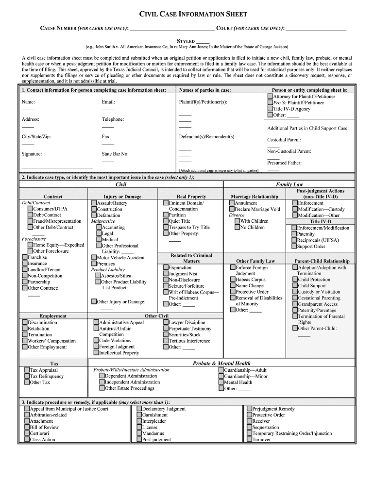 Civil Case Information SheetTexasLawHelp Org Providing and