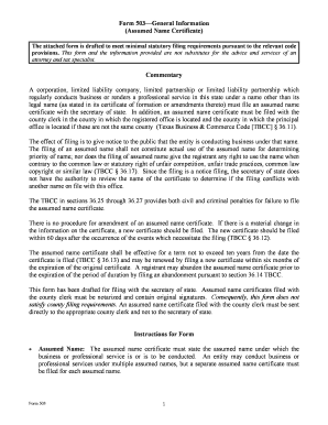 Fill and Sign the Form 503 General Information Assumed Name Certificate 