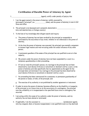 CERTIFICATION of DURABLE POWER of ATTORNEY by AGENT I  Form