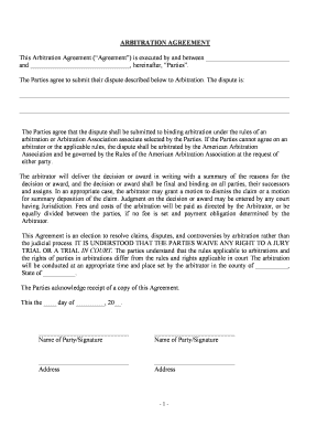 Arbitration Agreement Existing Dispute  Form