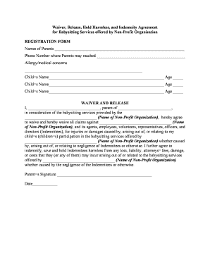 Personal Injury Waiver, Release, Hold Harmless, and Indemnity Agreement for Babysitting Services Offered by Nonprofit Organizati  Form