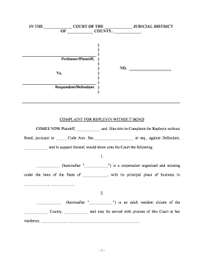 Complaint for Replevin or Repossession Without Bond and Agreed Order  Form