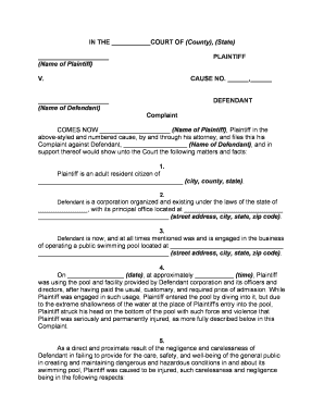 Complaint by Patron of Public Swimming Pool Injured While Diving Due to Improperly Marked Depth Signs Personal Sports Injury  Form