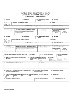 State of Utah Department of Health Certificate of Divorce, Dissolution of  Form