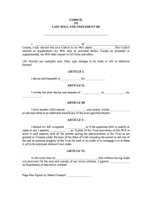 Utah Codicil to Will Form for Amending Your Will Will Changes or Amendments